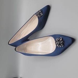 Caparros Satin Navy Blue Dress Shoes Size 7  Pumps Kitten Heels Rhinestone